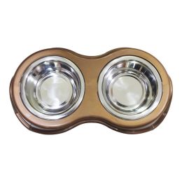 Plastic Framed Double Diner Pet Bowl in Stainless Steel, Large, Gold and Silver