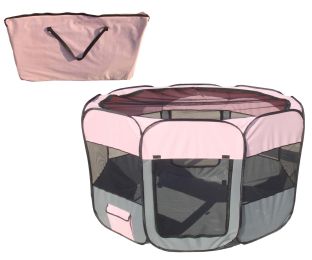All-Terrain' Lightweight Easy Folding Wire-Framed Collapsible Travel Pet Playpen (Color: Gray/Pink, size: Large)